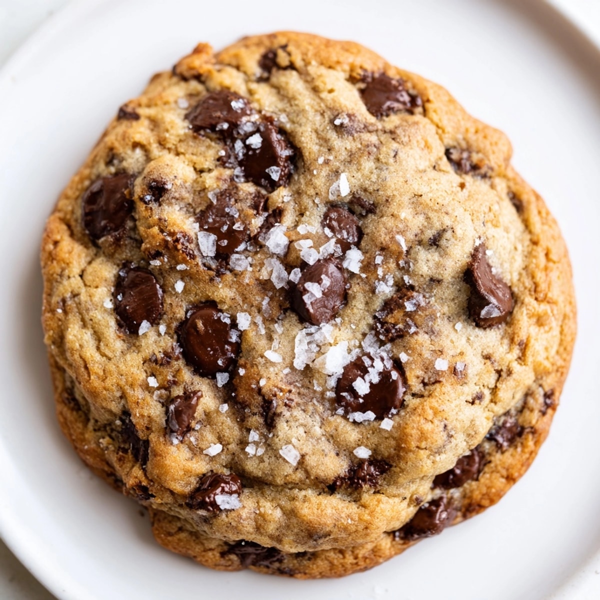 Warm, chewy Sea Salt Chocolate Chip Cookies with melted chocolate and flaky salt.