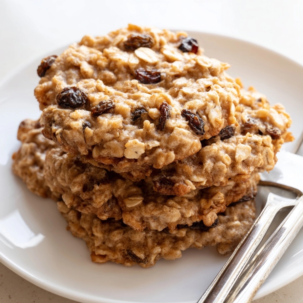 Warm, golden Chewy Oatmeal Raisin Cookies cooling on a wire rack after baking.