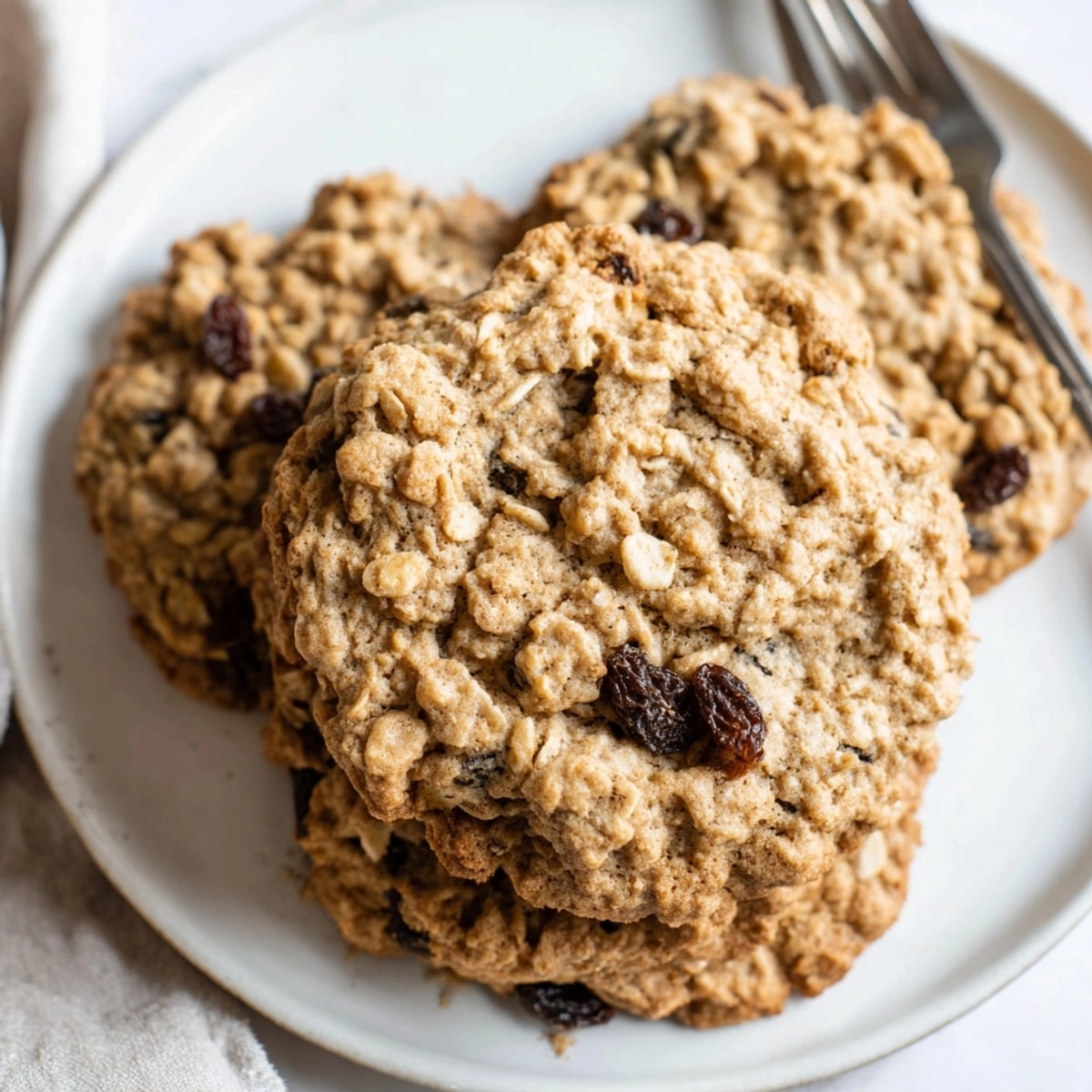 Close-up of soft Chewy Oatmeal Raisin Cookies showing plump raisins and textured surface.