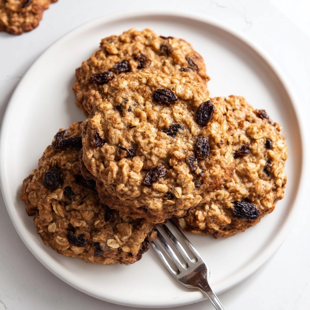 Homemade Chewy Oatmeal Raisin Cookies, served fresh from the oven with a glass of milk.