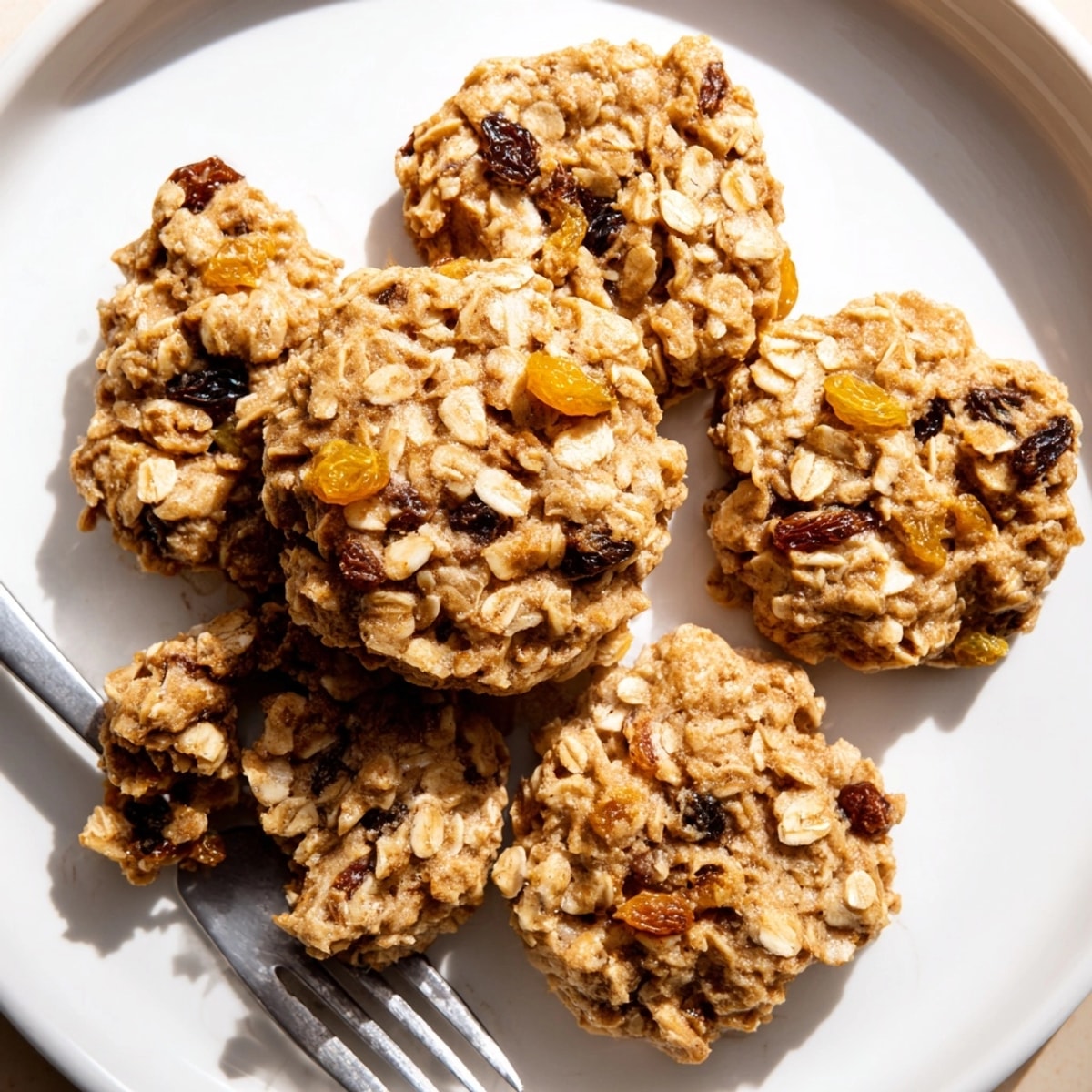 Close-up of chewy Cinnamon Oatmeal Cookies, dotted with raisins, fresh from the oven.