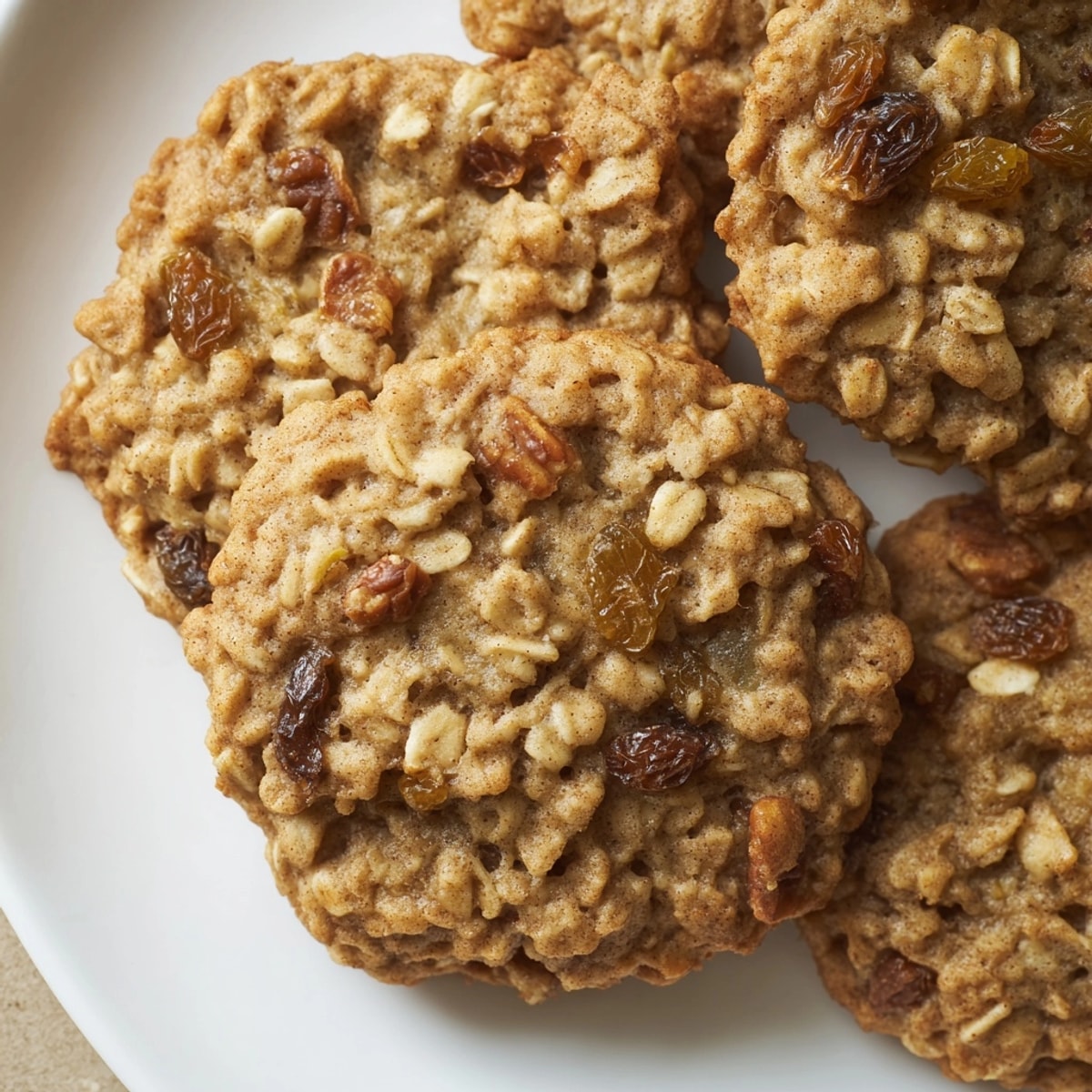 Pile of freshly baked Soft Oatmeal Spice Cookies, studded with raisins and nuts.
