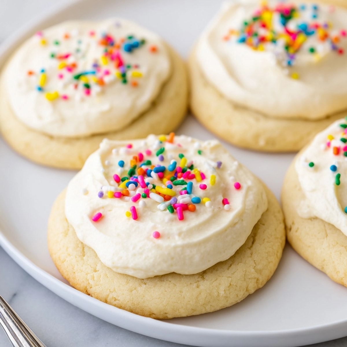 Close-up of soft frosted sugar cookies, vividly frosted with sprinkles—holiday baking treats.