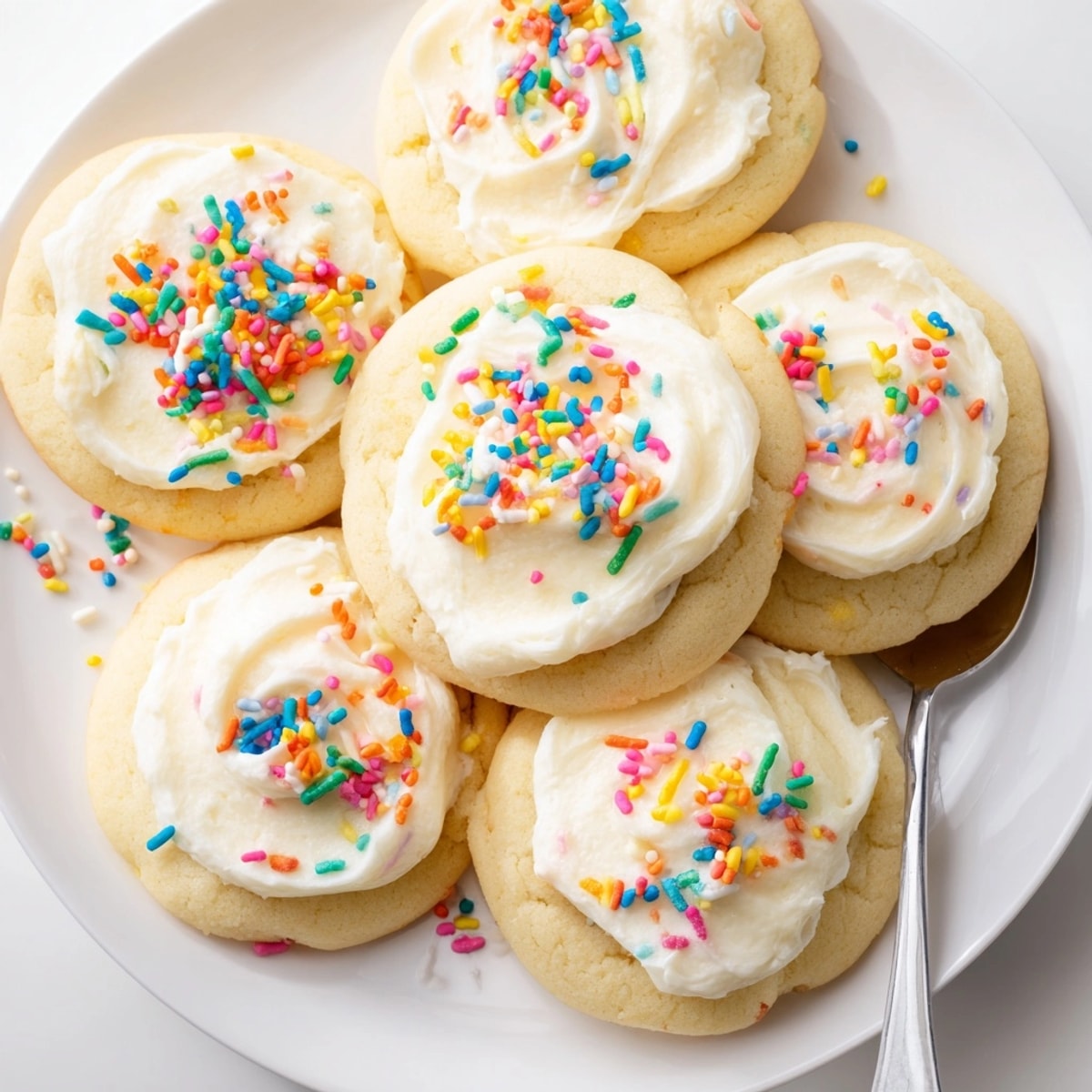 Stacked, tender Soft Frosted Sugar Cookies with creamy vanilla frosting shimmer, ready to share.