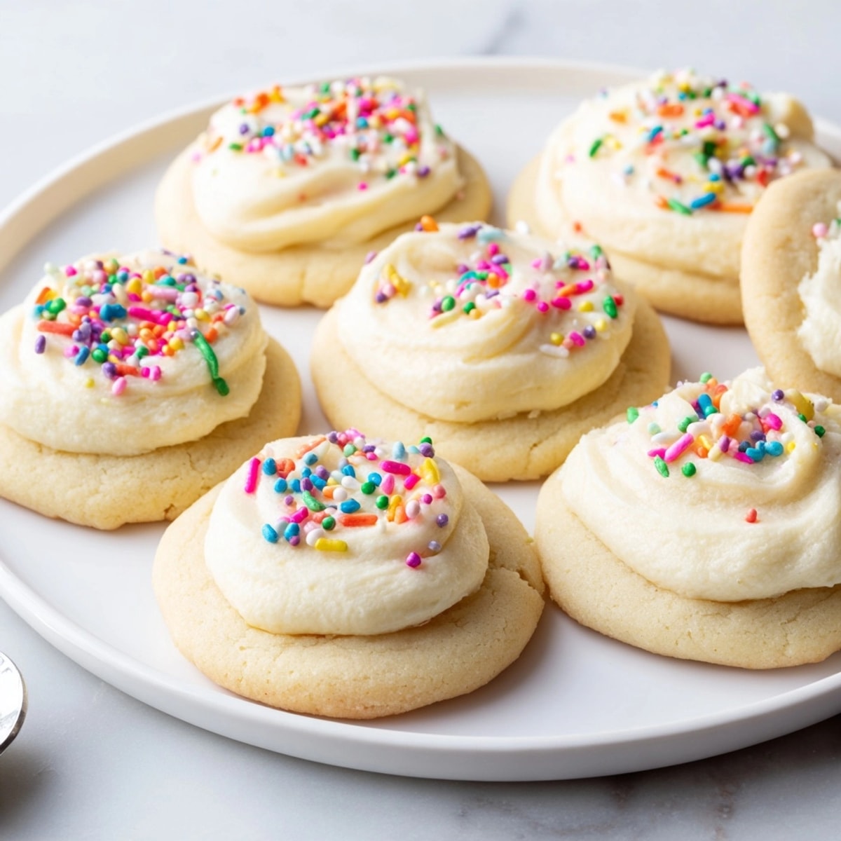 Homemade Soft Frosted Sugar Cookies: golden edges, sweet vanilla icing, sprinkles, classic dessert.