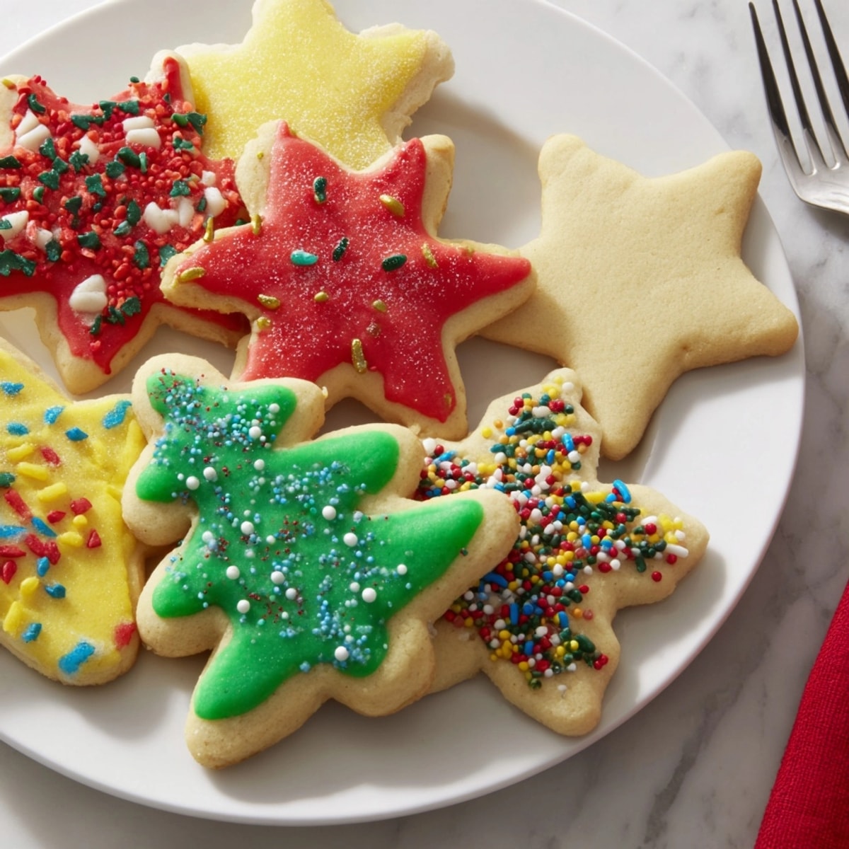 Close-up of star-shaped Holiday Cut-Out Cookies, decorated by hand with bright royal icing.