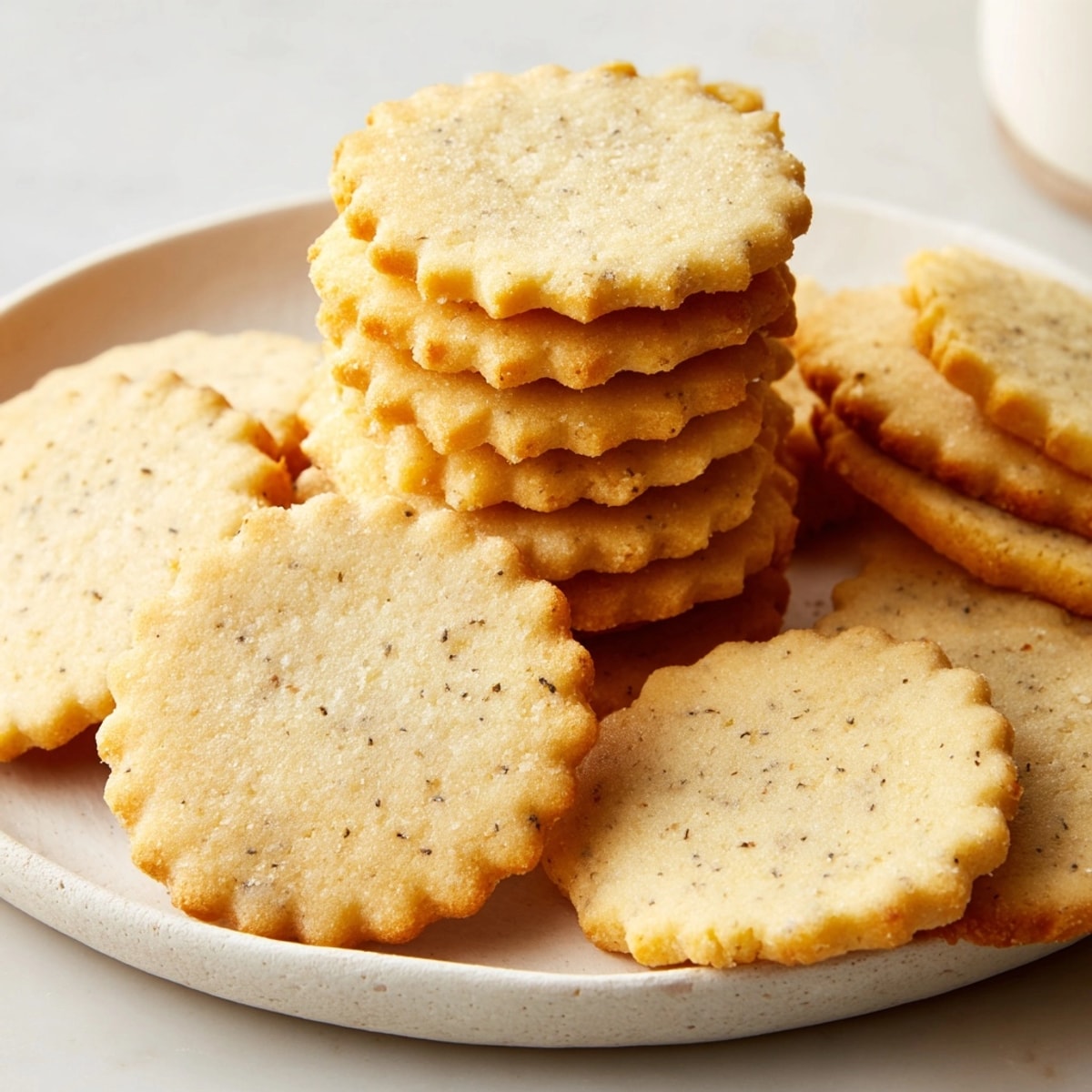Close-up of golden-brown Vanilla Bean Sugar Cookies cooling on a wire rack.