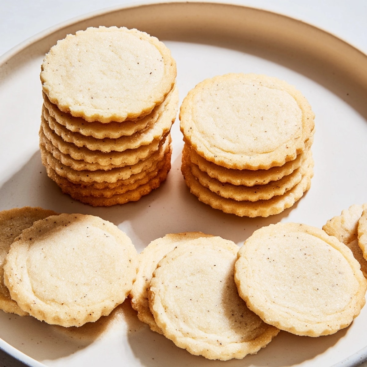 Homemade Vanilla Bean Sugar Cookies, ready to decorate, sprinkled with sparkling sugar crystals.