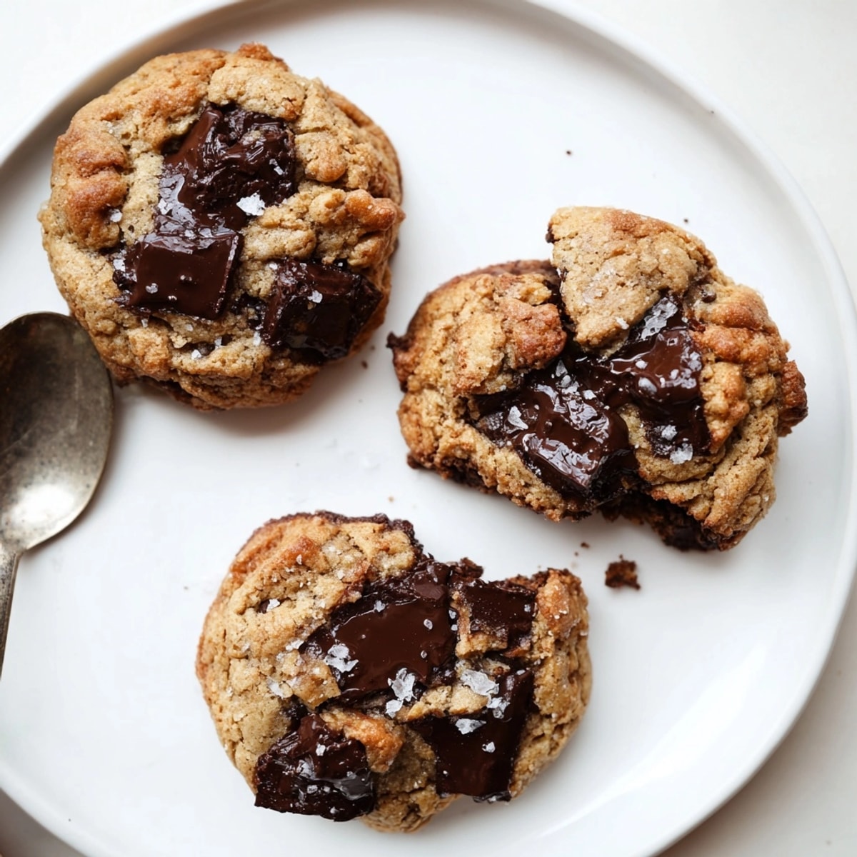 Close-up of chewy Vegan Chocolate Chunk Cookies with melted dark chocolate, fresh from the oven.