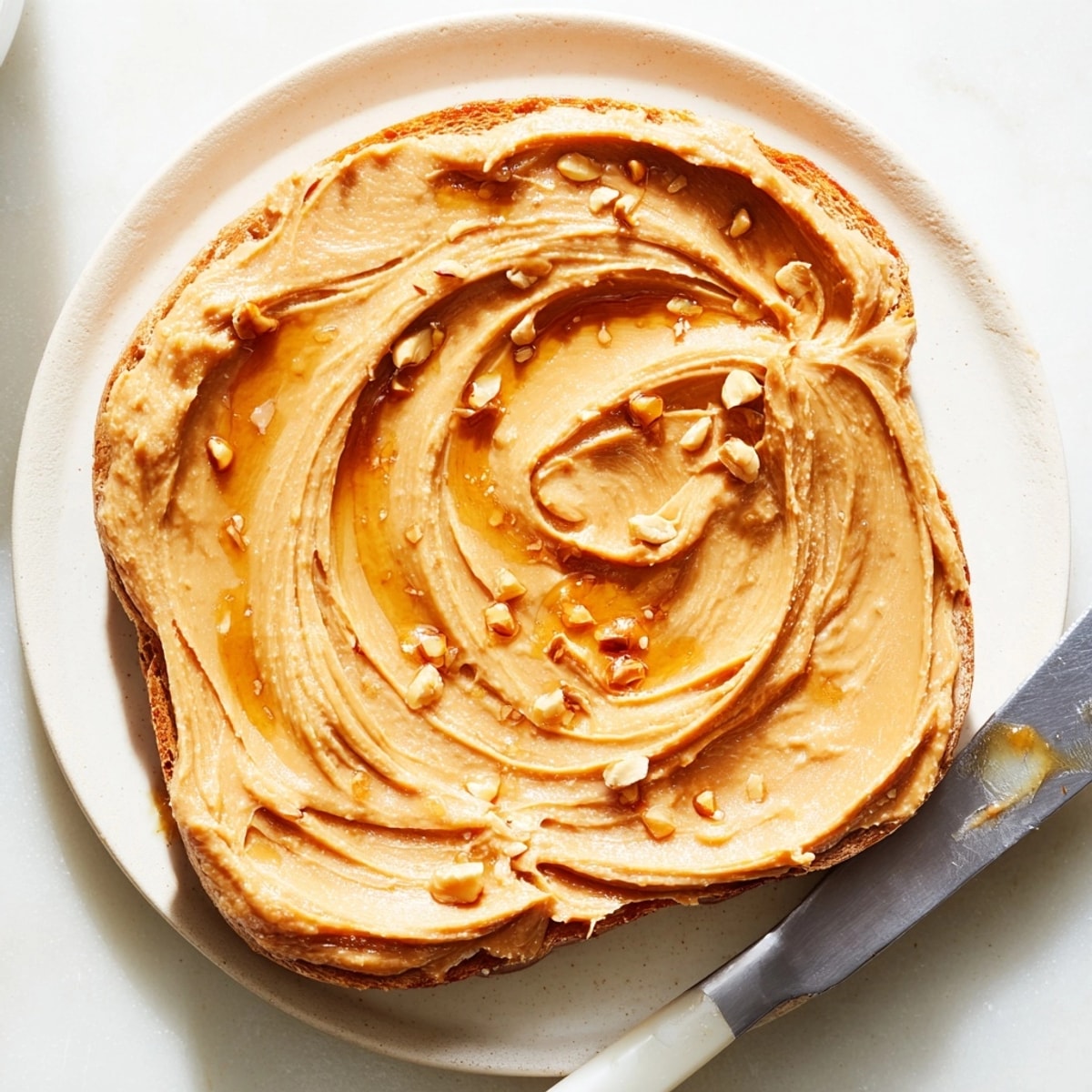 Freshly blended Vegan Peanut Butter swirling in a food processor, a naturally rich treat.