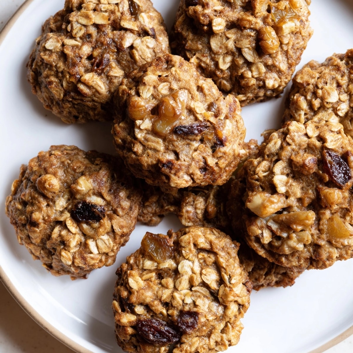 Chewy Vegan Oatmeal Cookies fresh from the oven, studded with raisins and walnuts.