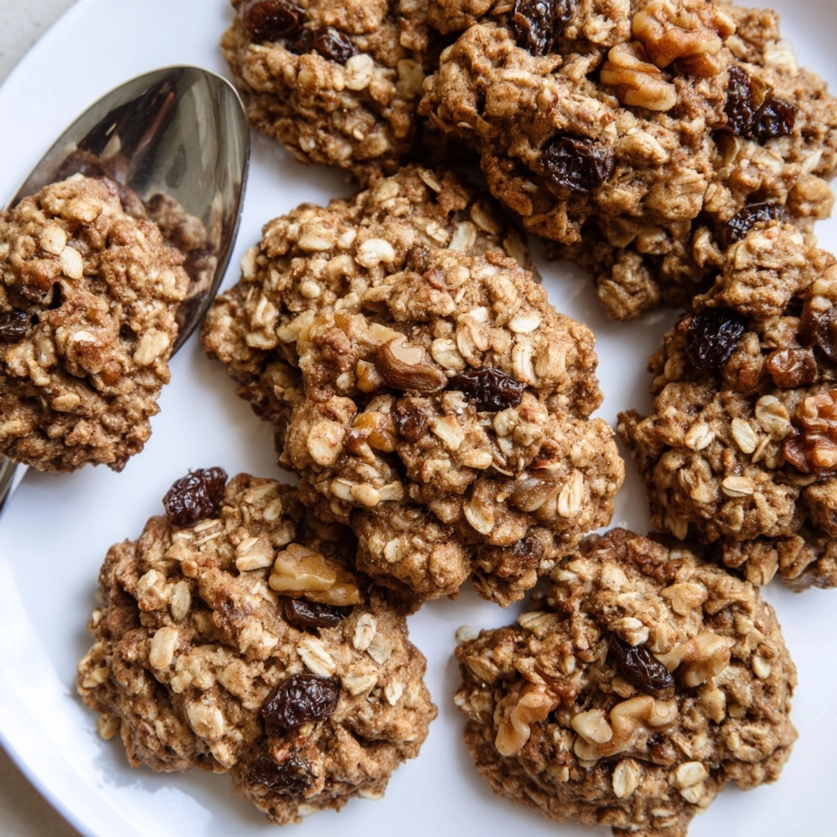 Close-up of delicious Vegan Oatmeal Cookies showing their soft texture and appealing golden edges.