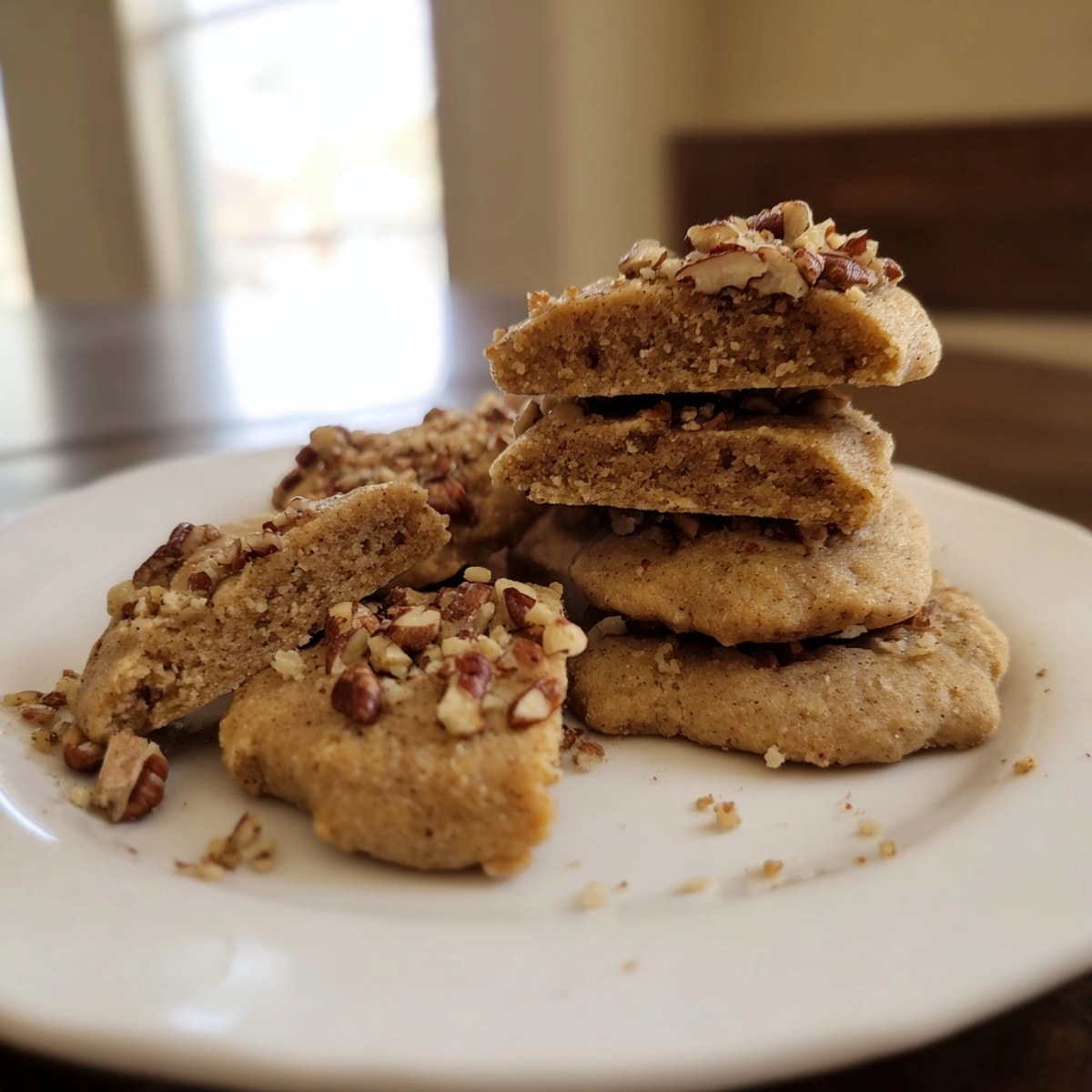 Close-up: Bite into warm Low-Carb Pecan Cookies with coffee, a keto-friendly treat.