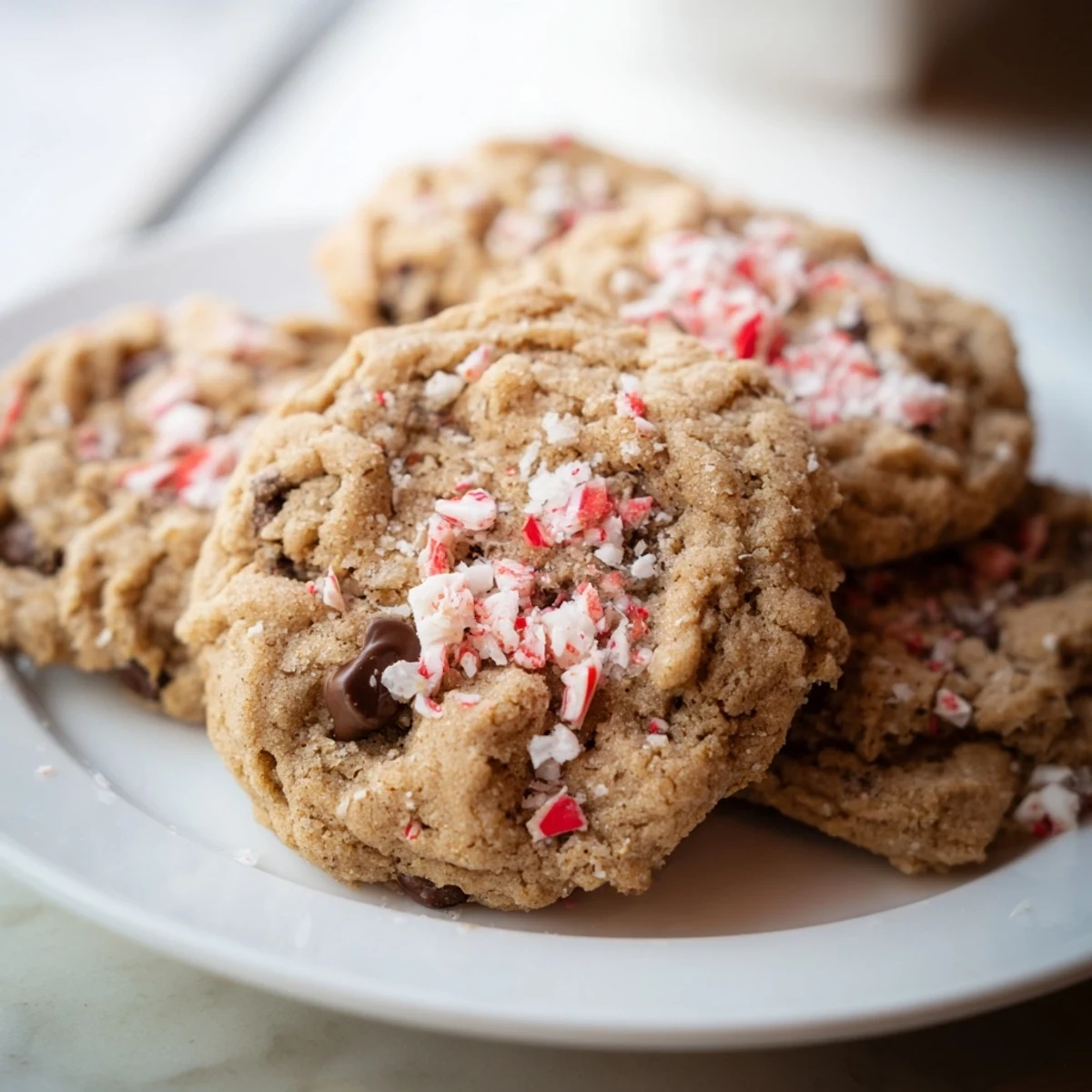 A stack of soft Winter Warmth Peppermint Twist Vegan Cookies, ready to be enjoyed with a cup of tea.