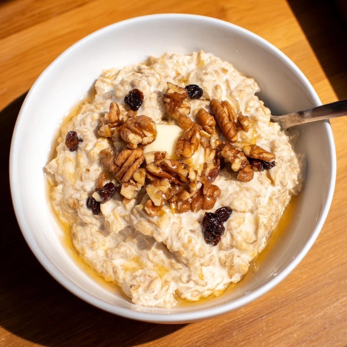 Creamy Winter Market Vanilla Cloud Oatmeal Raisin topped with toasted nuts and a sweet maple syrup drizzle.