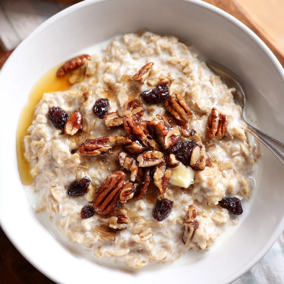 Enjoy a comforting bowl of Winter Market Vanilla Cloud Oatmeal Raisin, smelling of cinnamon, with plump raisins.