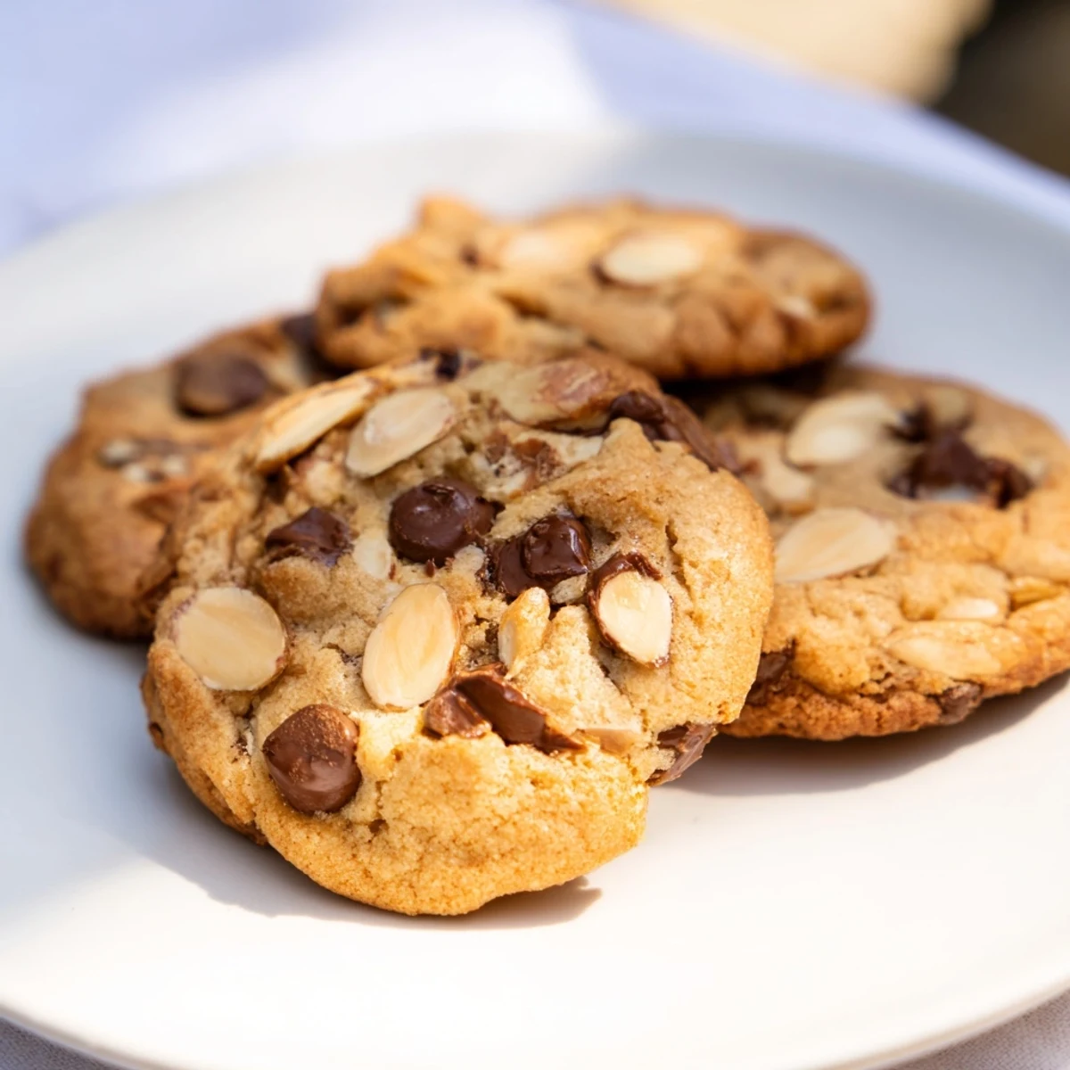 Warm, golden Toasted Almond Chocolate Chip Cookies with melting chocolate and crispy edges are delightful.
