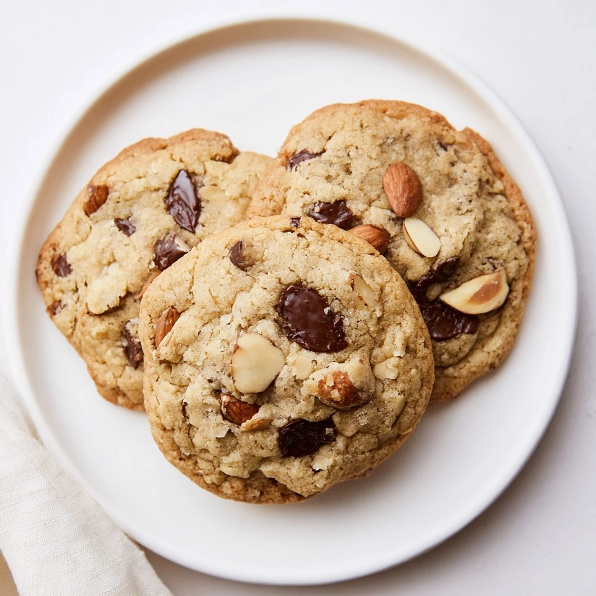 A stack of freshly baked Toasted Almond Chocolate Chip Cookies, perfect for a cozy afternoon snack, looks delicious.