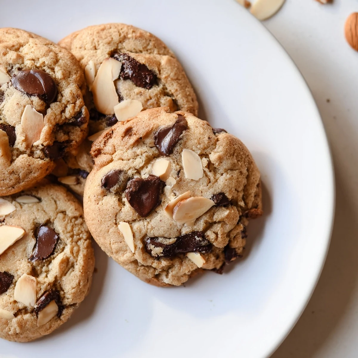 Close-up of baked Toasted Almond Chocolate Chip Cookies, showcasing crunchy toasted almonds and gooey chocolate.