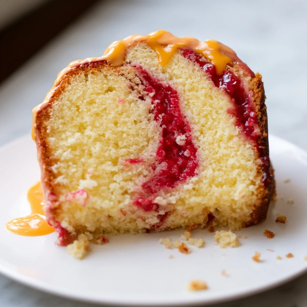 A glistening slice of New Year Celebration Cranberry Swirl Cake, showcasing flavorful tart cranberry layers.