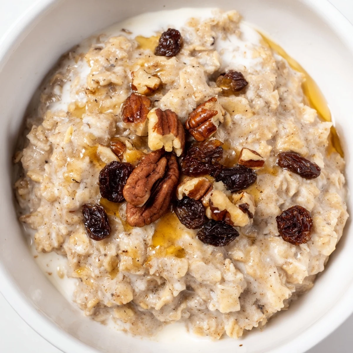 A warm bowl of Cozy Evening Ginger Spice Oatmeal Raisin, topped with nuts and drizzled with honey, ready to eat.