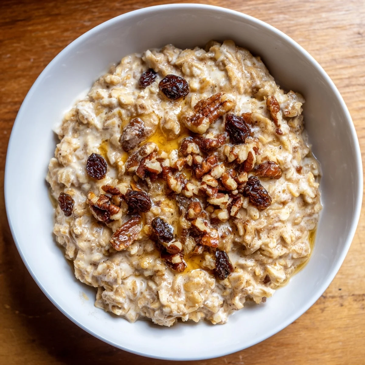 Close-up of creamy Cozy Evening Ginger Spice Oatmeal Raisin, perfect for a satisfying dessert or cozy night.