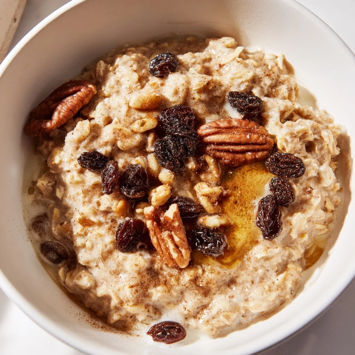 Steaming Cozy Evening Ginger Spice Oatmeal Raisin, with visible plump raisins and a dusting of cinnamon for a delicious breakfast.