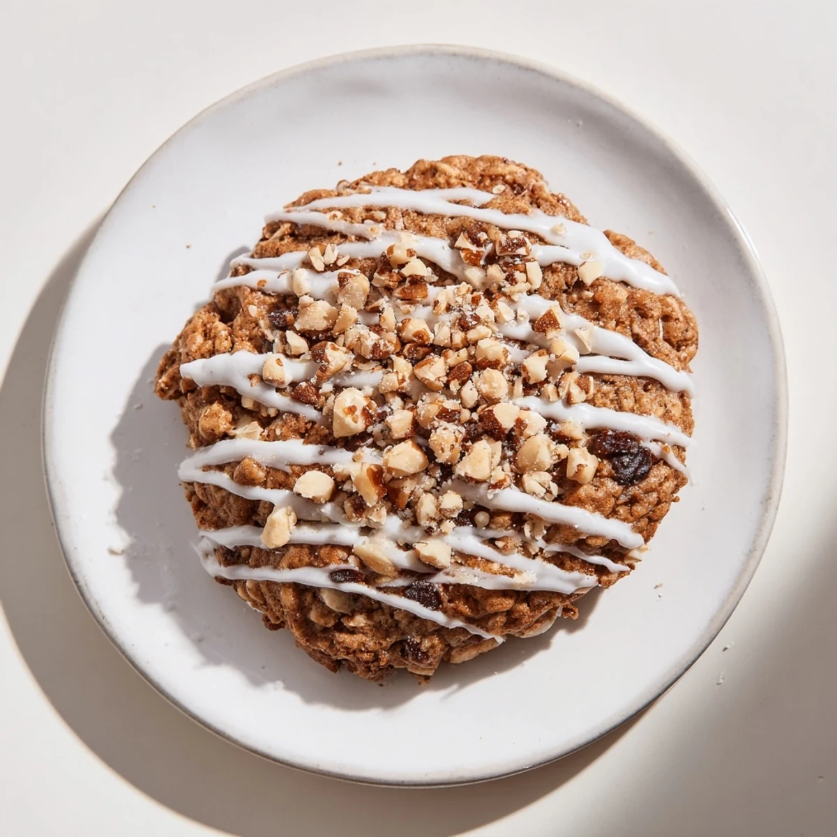Freshly baked Winter Spice Hazelnut Drizzle Oatmeal Raisin cookies, golden, with visible raisins and hazelnuts.