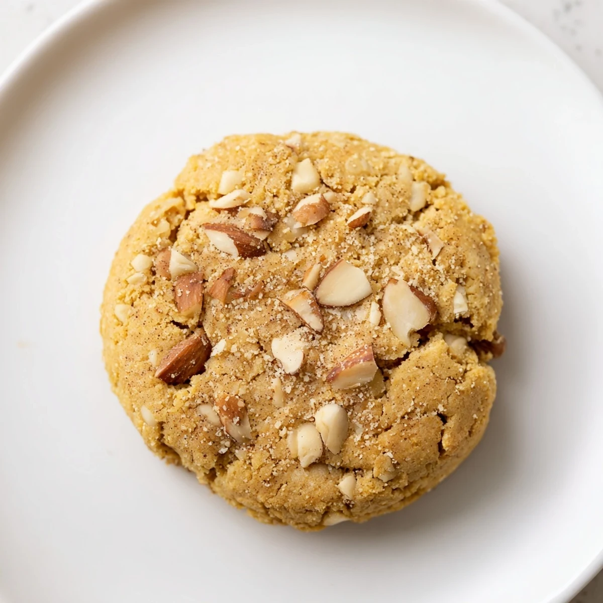 Close-up of freshly baked Winter Warmth Toasted Almond Vegan Cookies, featuring visible toasted almond pieces.