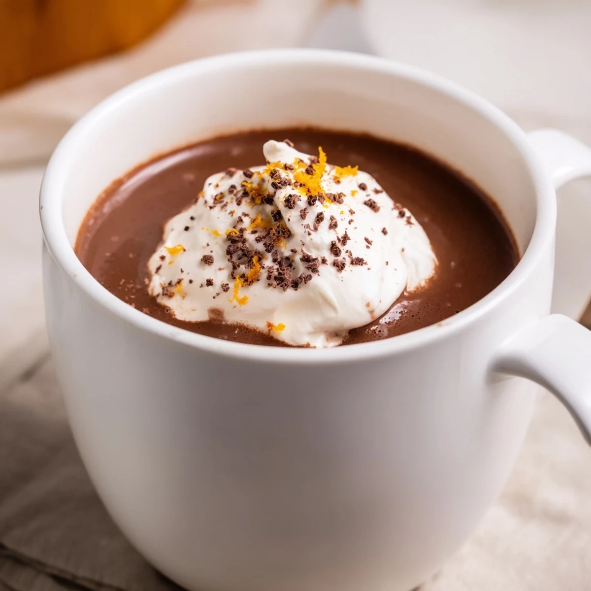 Steaming mug filled with Winter Market Cocoa Burst, topped with whipped cream and orange zest.