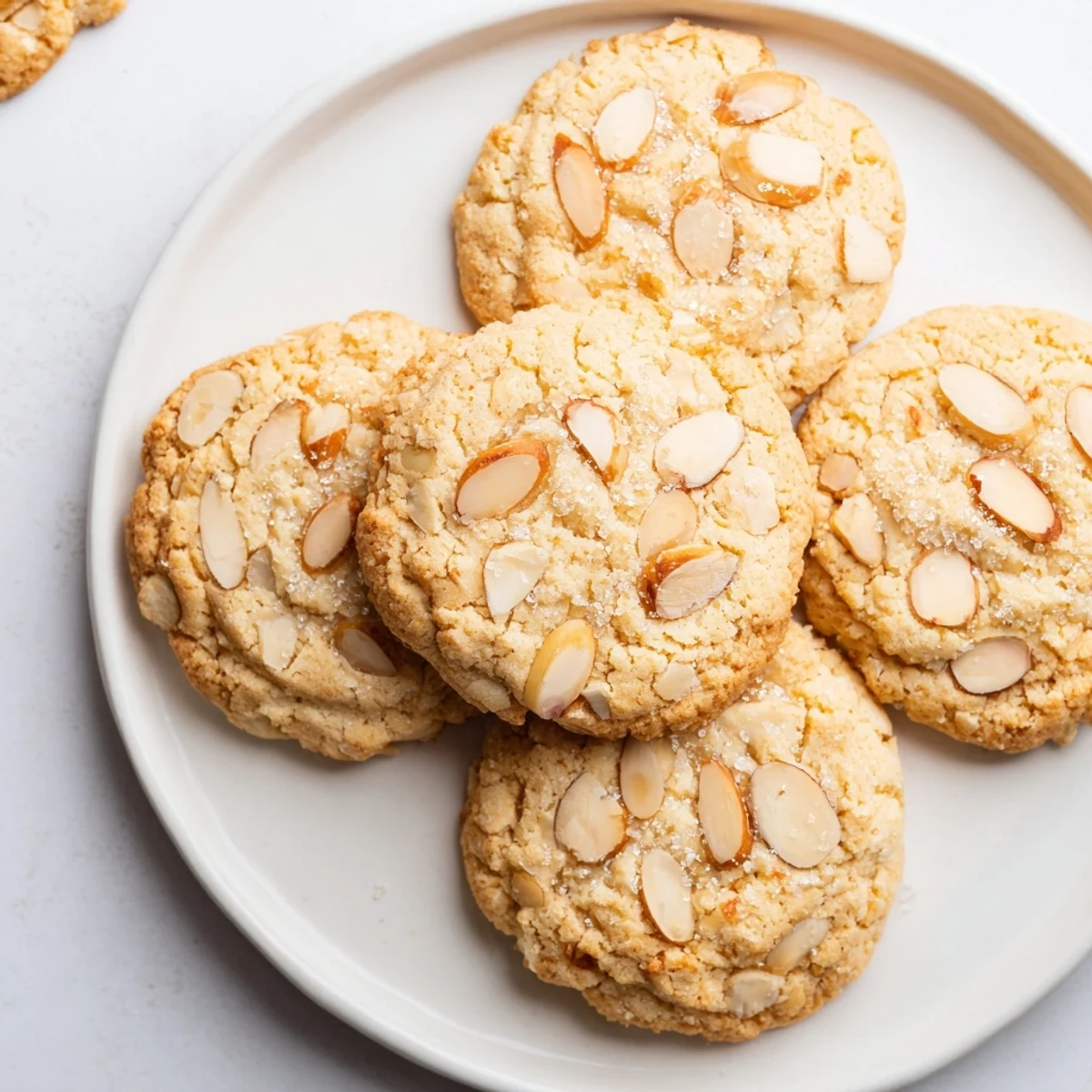 A close-up of delicious January Bliss Toasted Almond Sugar Cookies, showcasing almond pieces and sugar crystals.