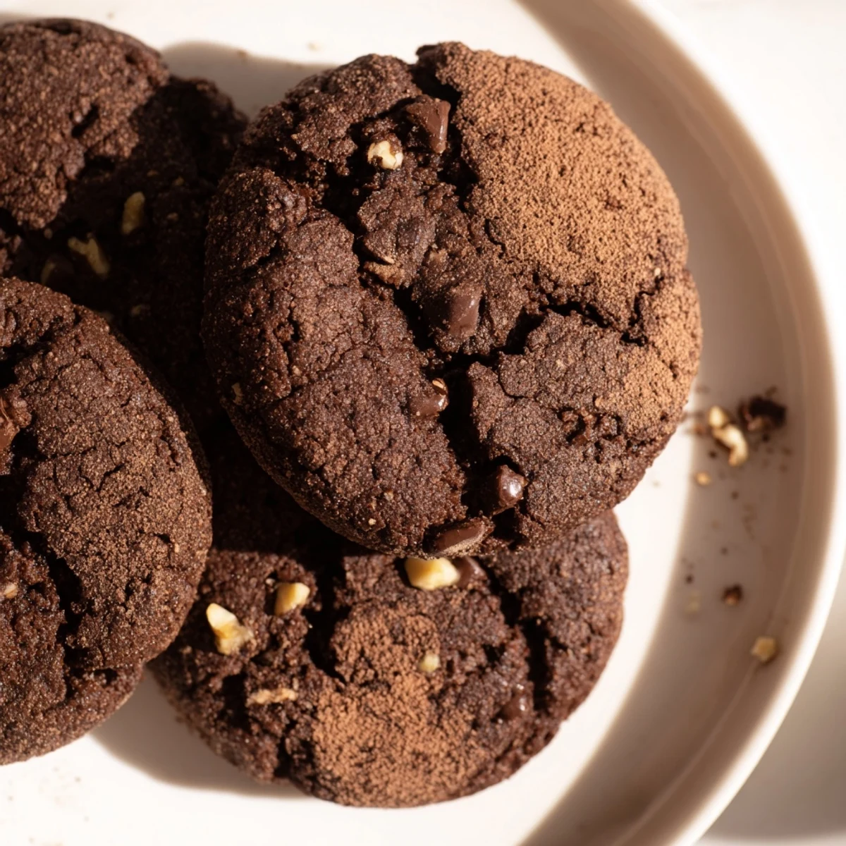 Close-up of golden brown Cozy Evening Mocha Whisper Vegan Cookies, studded with dark chocolate chips.