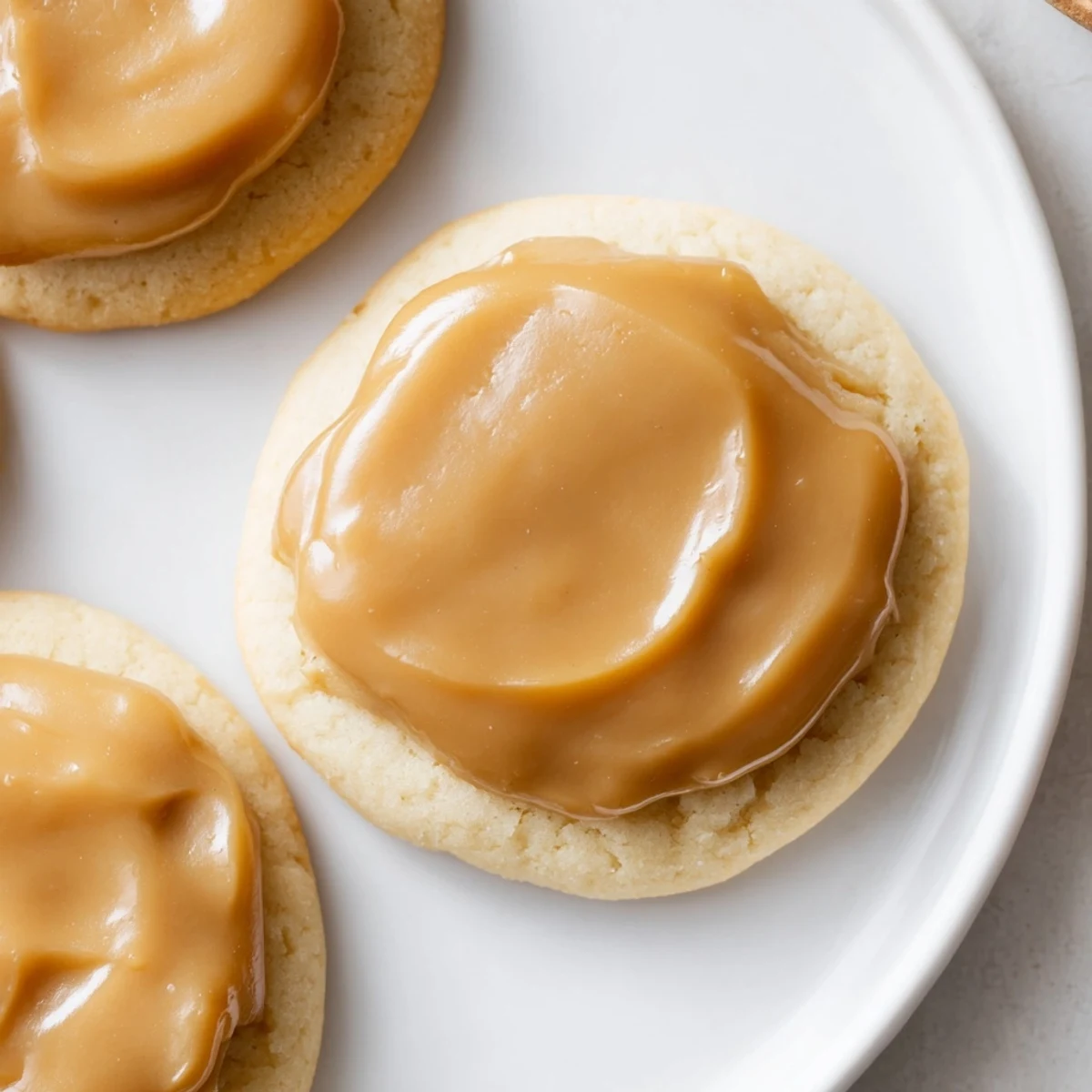A close-up of delicious Frosted Delight Caramel Frost Sugar Cookies, glistening with smooth caramel frosting.