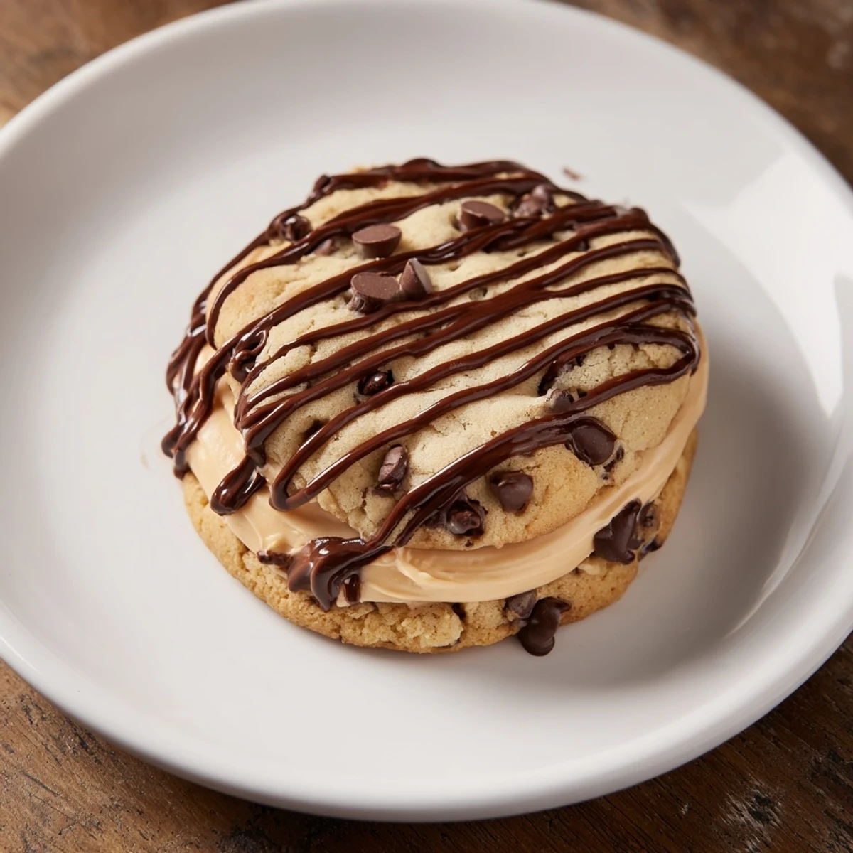 A close-up of a stack of Frosted Delight Hazelnut Drizzle Chocolate Chip cookies, ready to eat.