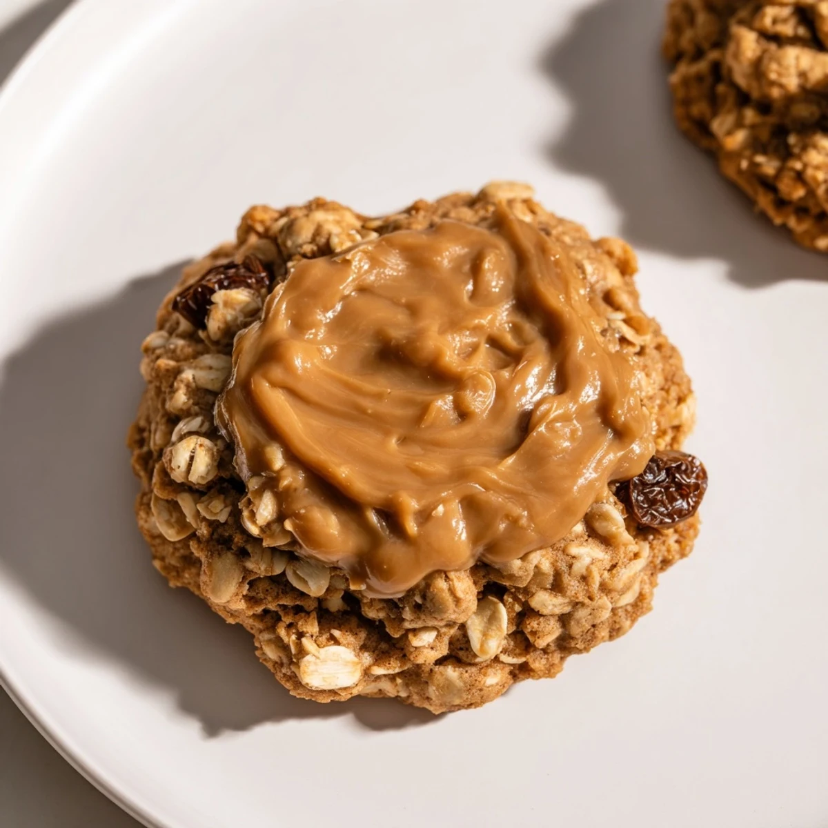 Fireplace Treat Caramel Frost Oatmeal Raisin cookies with rich caramel frosting, ready to be devoured.