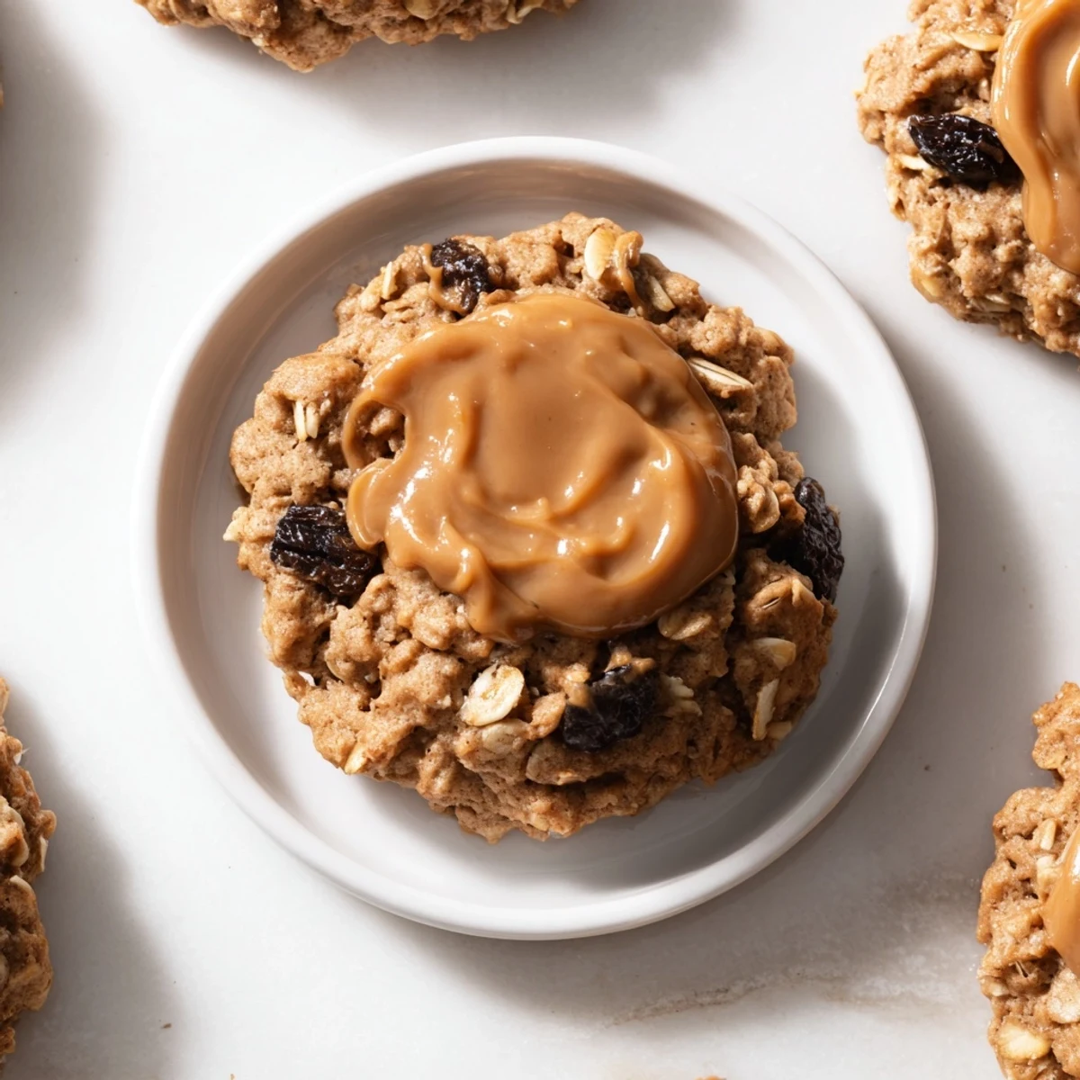 Warm, inviting shot showing a stack of Fireplace Treat Caramel Frost Oatmeal Raisin cookies, fresh out of the oven.