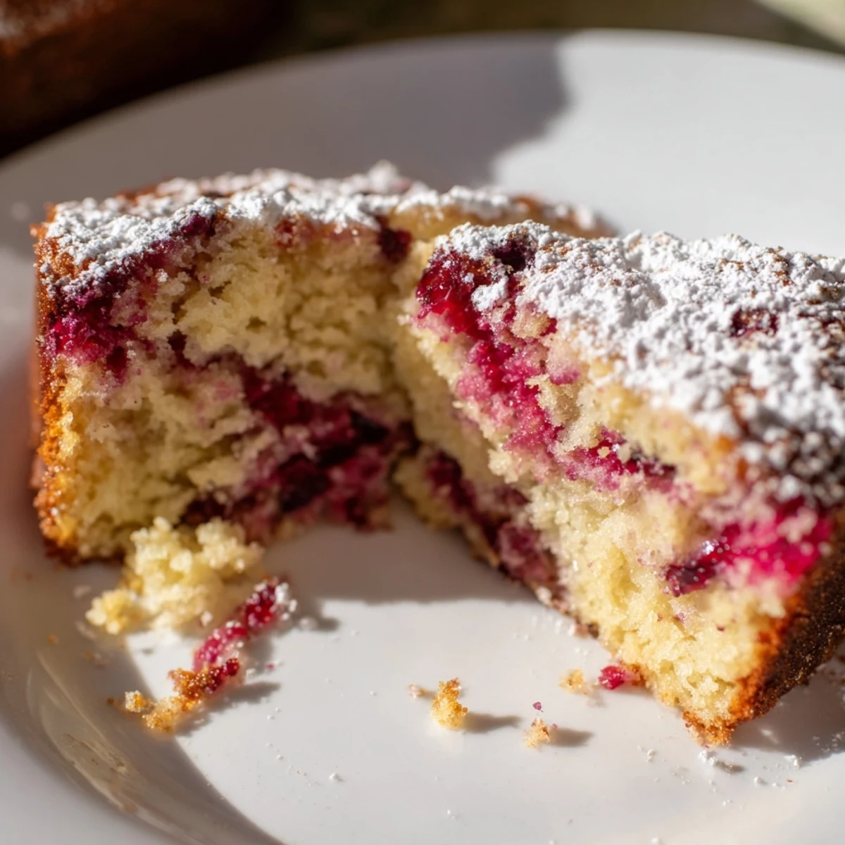 Gluten-free Snowy Day Cranberry Swirl cake, swirled with cranberry sauce and dusted with powdered sugar.
