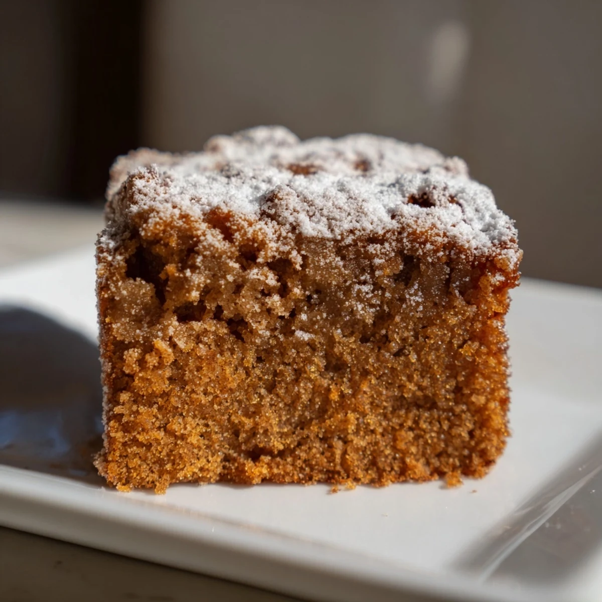 Golden, frosted slice of Cozy Evening Ginger Spice Cake, ready for enjoying with a warm drink.