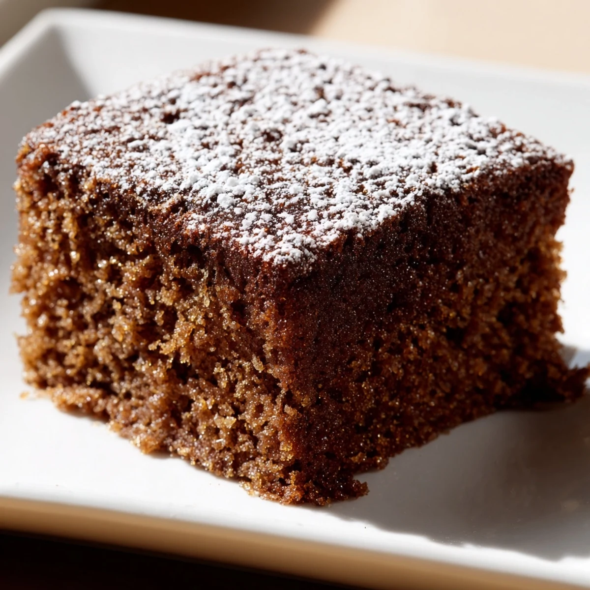 Fluffy, dark-brown Cozy Evening Ginger Spice Cake, dusted with powdered sugar, ready to serve!