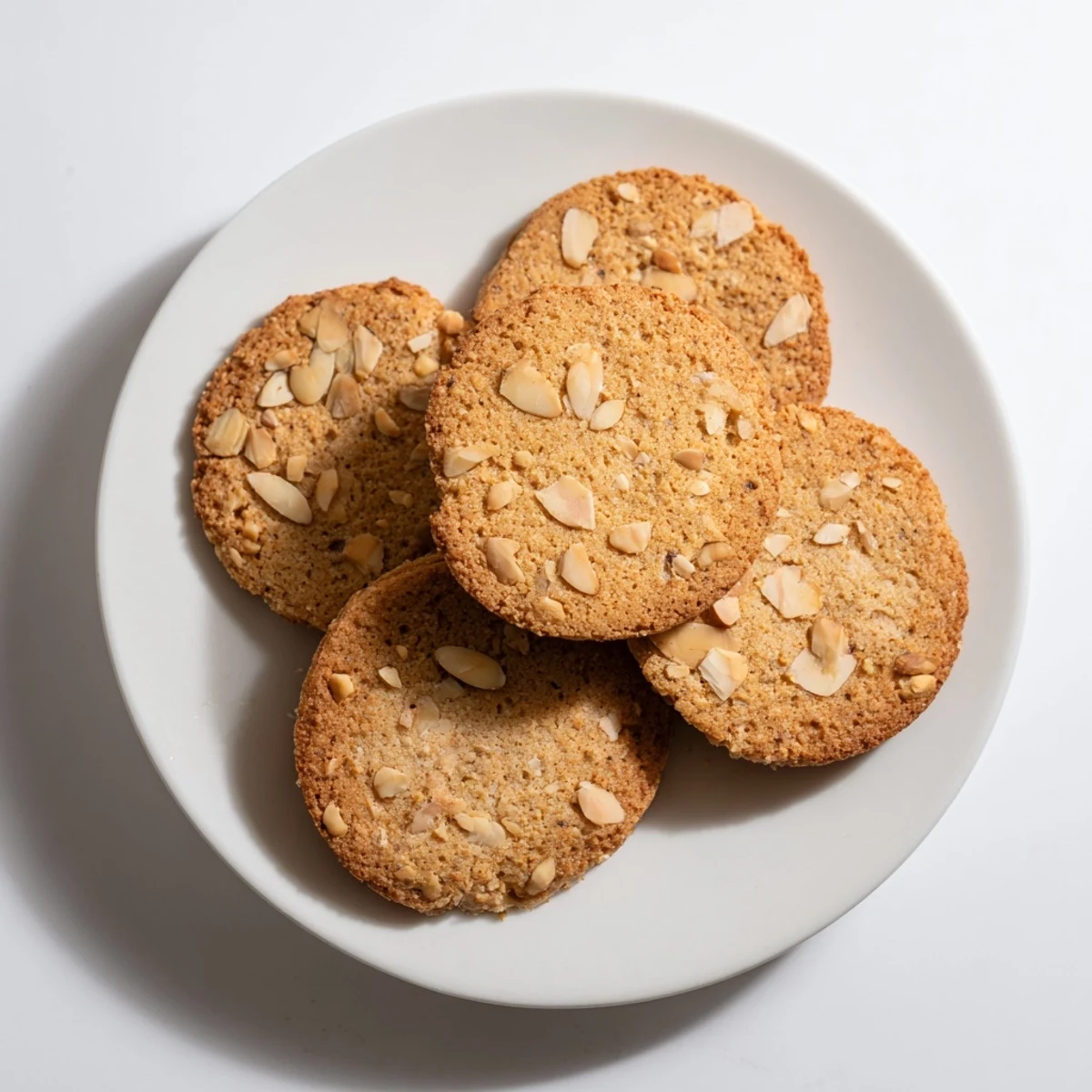 Golden Winter Warmth Toasted Almond Keto Cookies, perfectly browned and arranged on a rustic wooden platter.