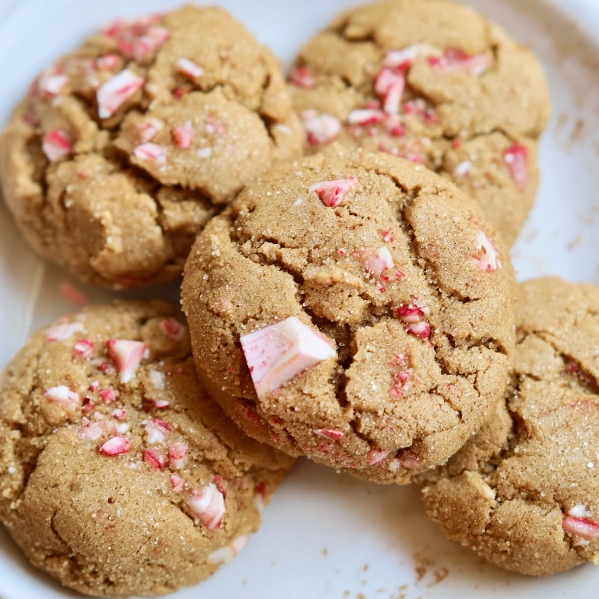 Close-up of frosted Winter Spice Peppermint Twist Keto Cookies showing crumbles of peppermint candy.