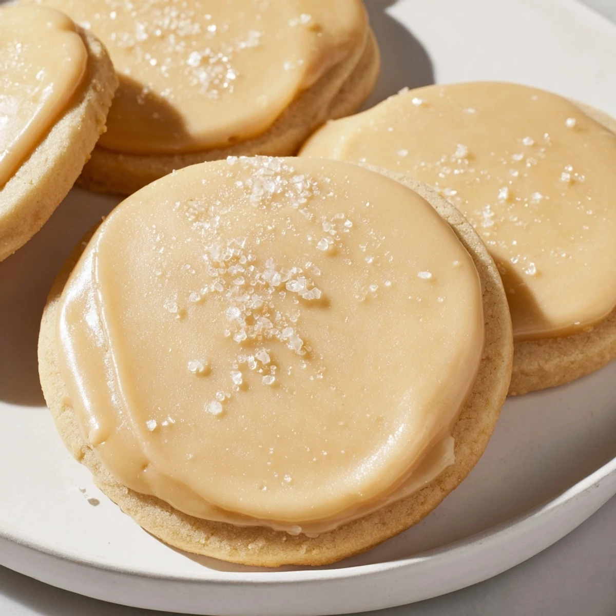 Golden brown Frosted Delight Maple Dream Sugar Cookies, drizzled with sweet maple icing, ready to eat.