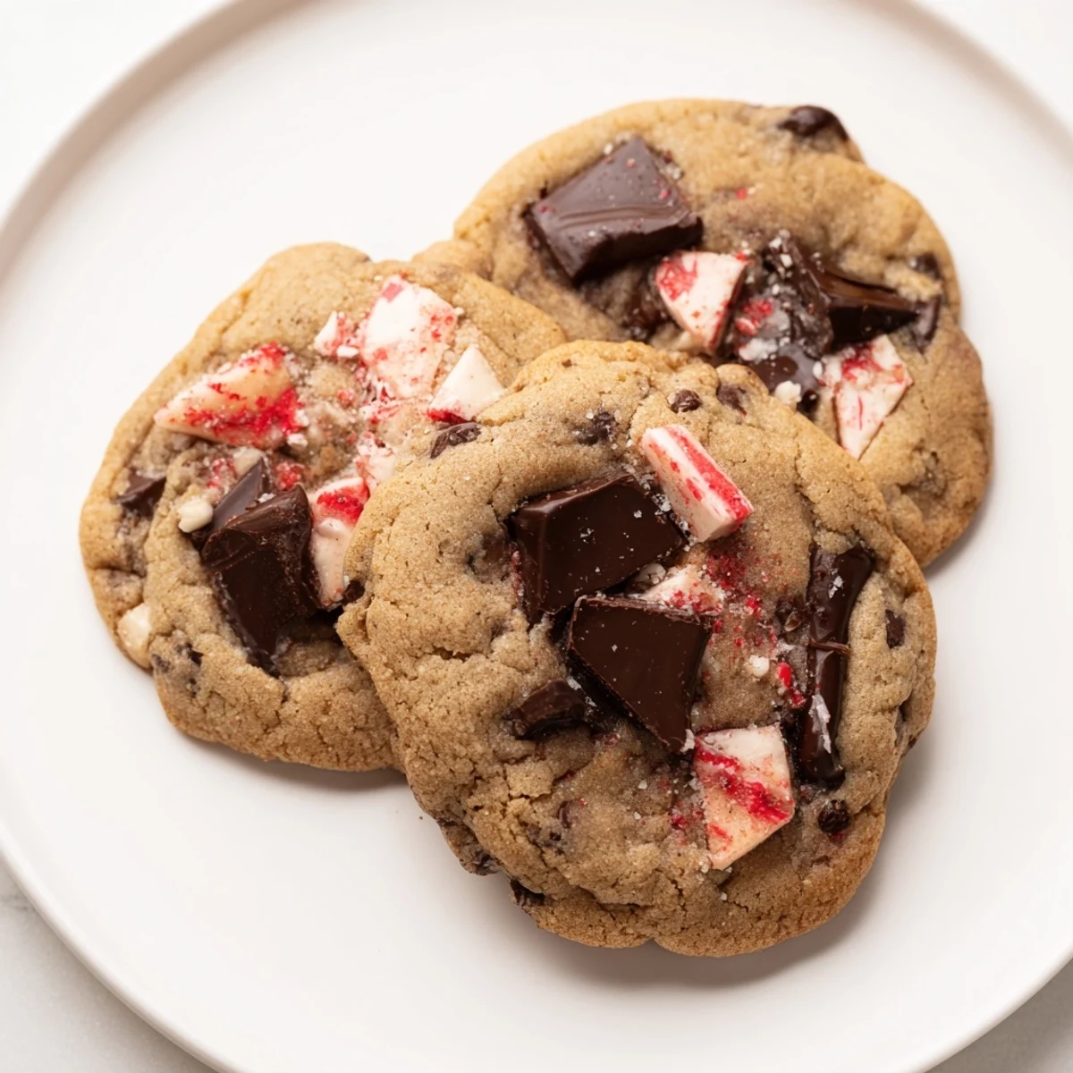 Holiday Glow Peppermint Twist Chocolate Chip cookies, warm from the oven, with melting chocolate chips.