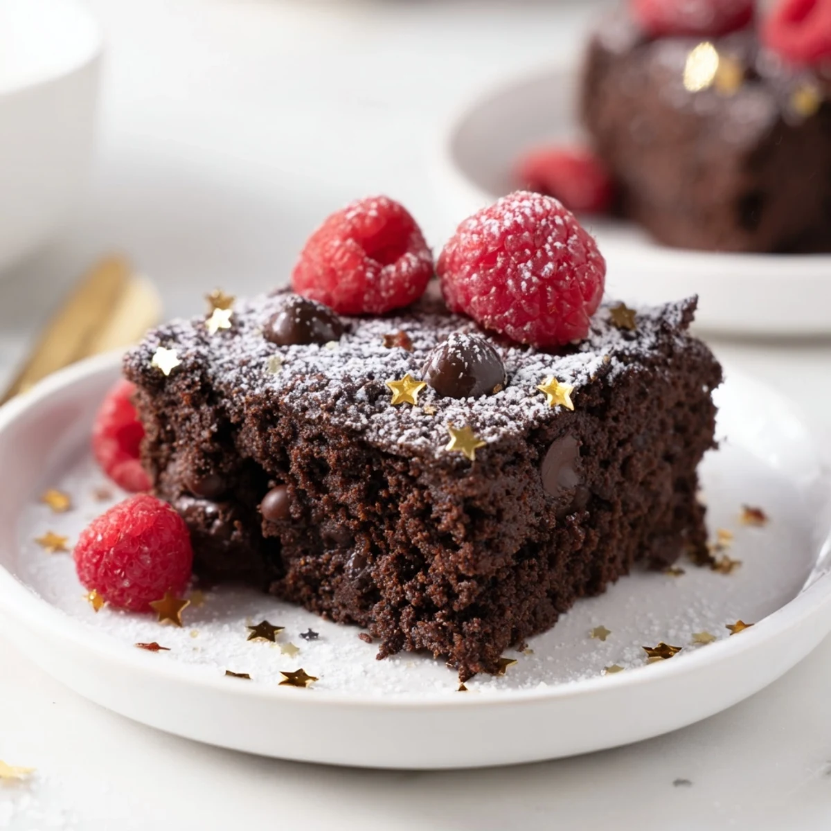 Festive New Year Celebration Cocoa Burst cake, served with fresh berries, offering a delicious, gluten-free treat.