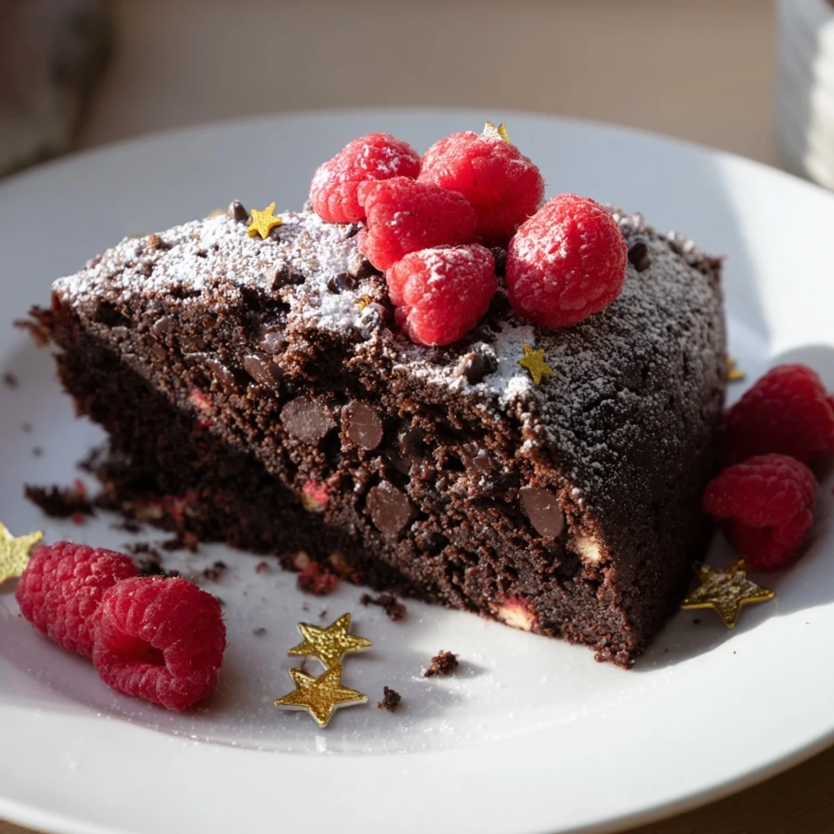 Close-up of a decadent New Year Celebration Cocoa Burst cake, revealing a rich chocolate crumb and garnish.