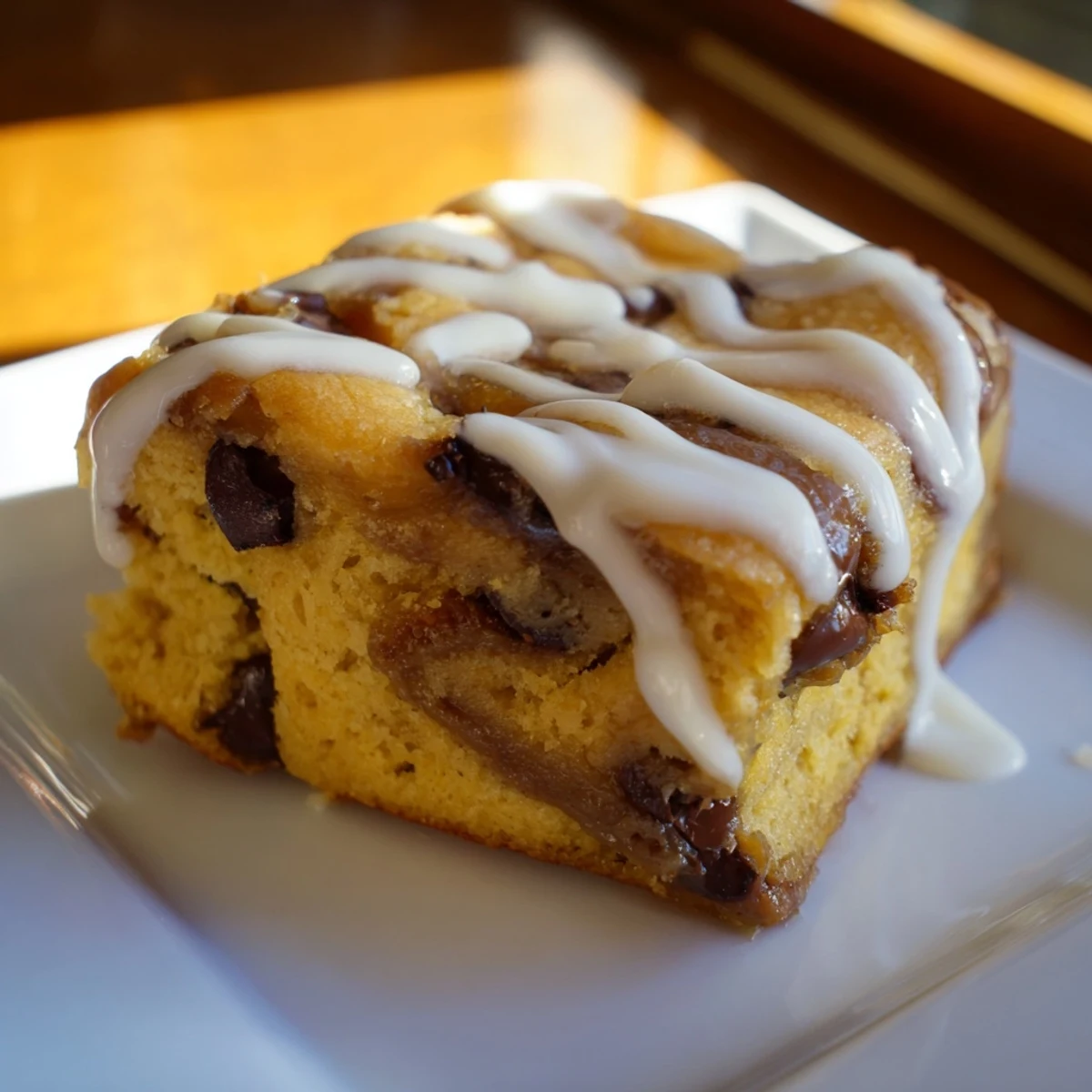 Golden-brown January Bliss Caramel Frost Chocolate Chip bars topped with vanilla glaze, ready to serve.