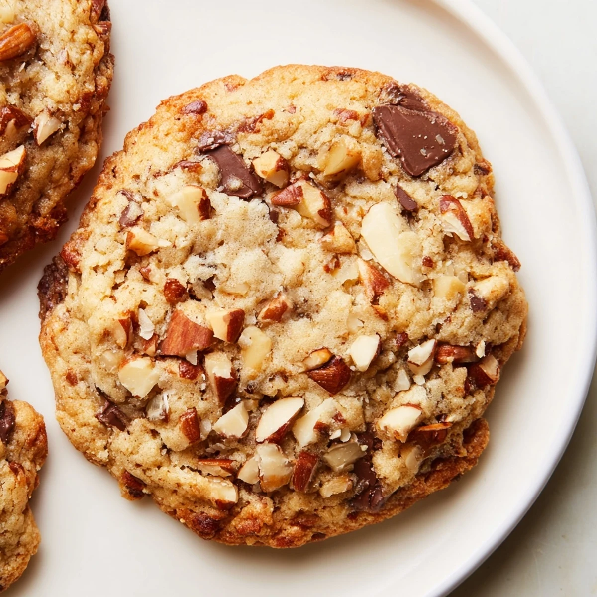 Golden-edged Holiday Glow Toasted Almond Chocolate Chip cookies, a perfect holiday dessert to share.
