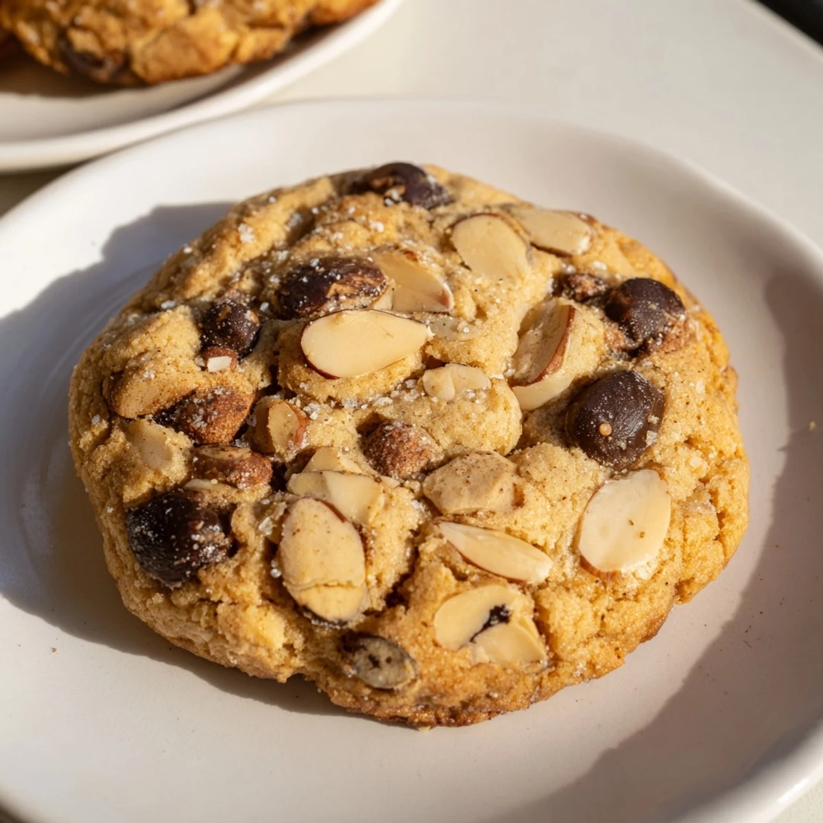 Warm, inviting shot of freshly baked Holiday Glow Toasted Almond Chocolate Chip cookies, ready for serving.