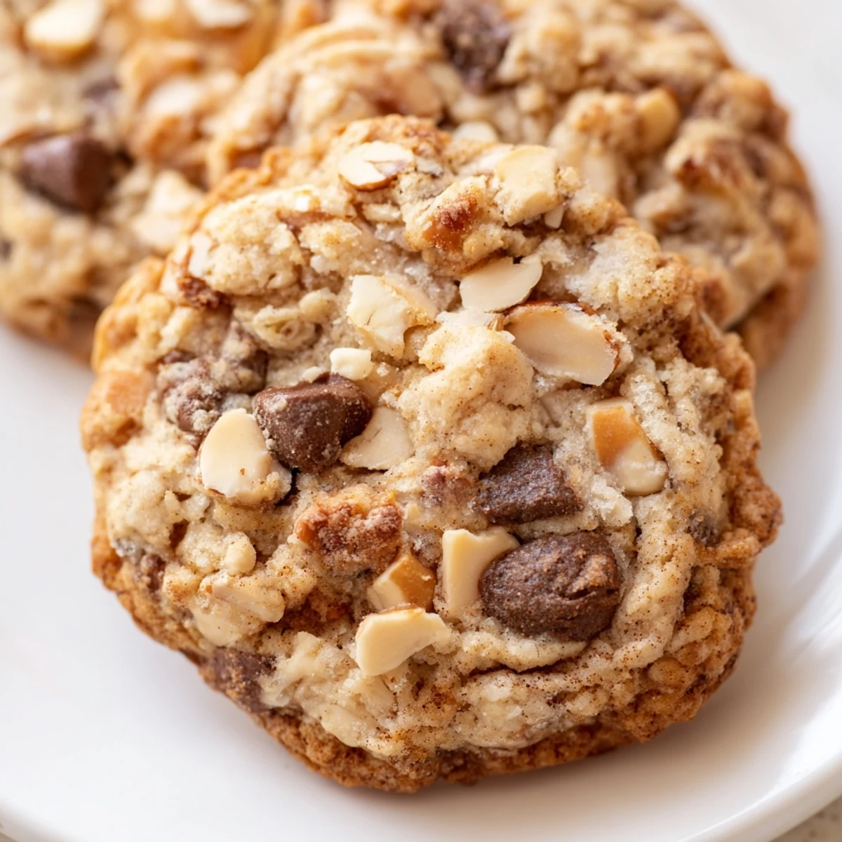 Close-up of a stack of Holiday Glow Toasted Almond Chocolate Chip cookies with visible toasted almonds.