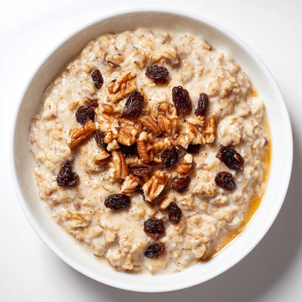A warm bowl of Winter Warmth Maple Dream Oatmeal Raisin, perfectly spiced and drizzled with maple syrup.